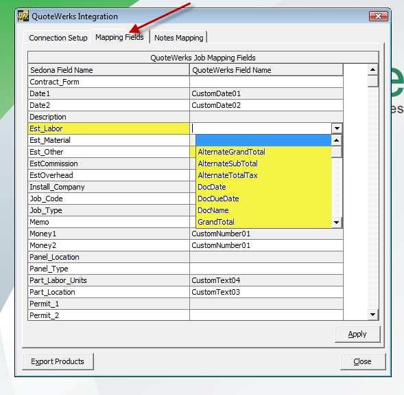 Mapping Fields tab allows customizing data transfer into a Job The use of the Mapping Field tab allows the users to set up a customized flow of information from the QuoteWerks quote into a