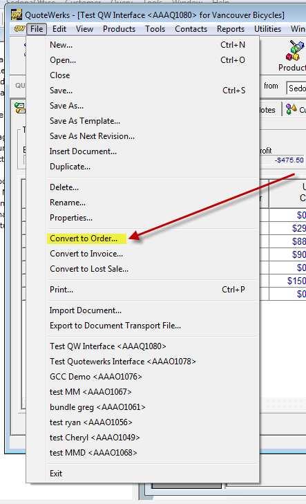 A quote is turned into an order by going to the drop down File menu and selecting the