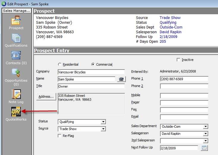 Sales Contacts Prospects Prospect information is passed into QuoteWerks when the QuoteWerks button is selected from the Sales Management Menu.