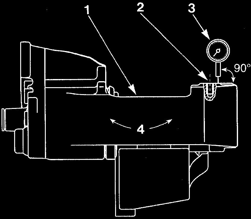 Tilt the caliper by hand in the direction of the arrows (4) indicated in Figure 11 (Do not slide the caliper!). g. Note the total variation shown by the dial indicator.
