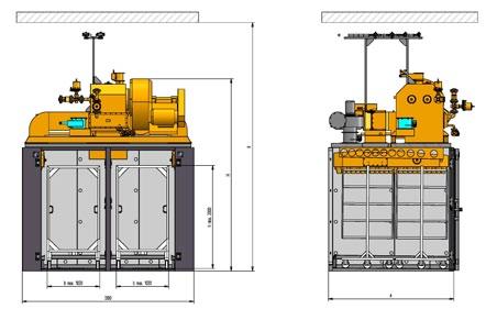 Dimensions, two-row design, machine attached to roof Outer dimension, chamber Unit 4-trolleys 6-trolleys 8-trolleys Length A 2413 3468 4523 Width* B 3300 3300 3300 Height incl.
