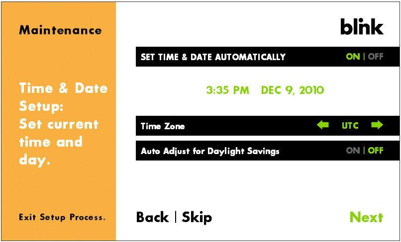 Set System Date & Time Touch Date & Time on the Maintenance menu screen. Select OFF to manually update the time and date. Touch Back or Exit Setup Process to return to the Maintenance menu screen.