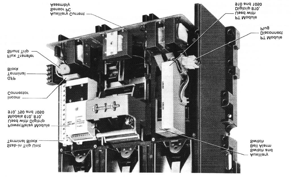 Fig. 5. View of 1600 A Circuit Breaker with Front Cover and Digitrip RMS Trip Unit Removed to Expose Power Relay Module and Stab-In Terminal Block 6.