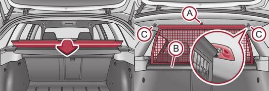 Seats and Stowage 57 Net partition* (Combi) Use the net partition behind the rear seats First check for yourself that the cross road is inserted into the mounts C in the front position!