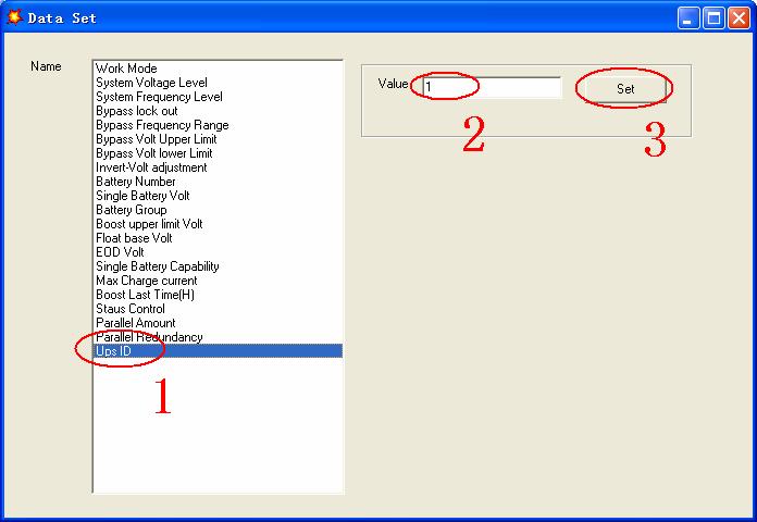 At the window of Data Set, click Ups ID, write a value for the parallel UPS ID at the right side, such as 1, then click Set as shown in below picture.