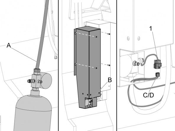 Do these steps to connect the hydraulic cylinder to the lift bracket: Small/medium mill Pull the piston shaft [3] through the lift bracket [4]. Install the washer [5] and (2) jam nuts [6].