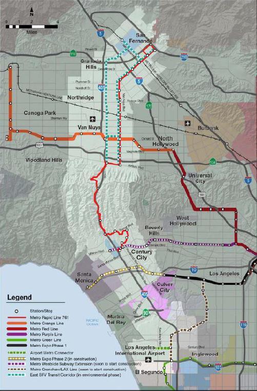 Sepulveda Pass Study Corridor Extends for 30 miles San Fernando Valley - 11 miles Sepulveda Pass 9 miles Westside to LAX 10 miles Potential Transit Connections: Metrolink Antelope Valley Line