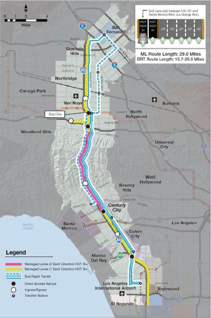 Concept 2: At-Grade Express Lanes with BRT Express Lanes (3+ HOT) - length: 29 miles 2 HOT lanes in each direction in Sepulveda Pass Single