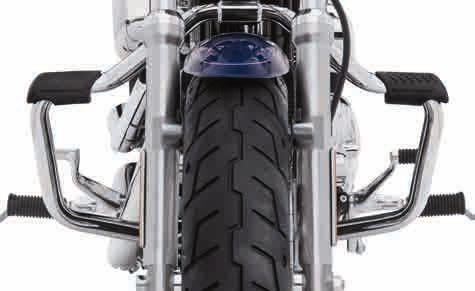 The integrated rubber pads offer a comfortable and slip-resistant cushion for your feet while traveling the open road. One-piece engine guard kit includes all required mounting hardware.