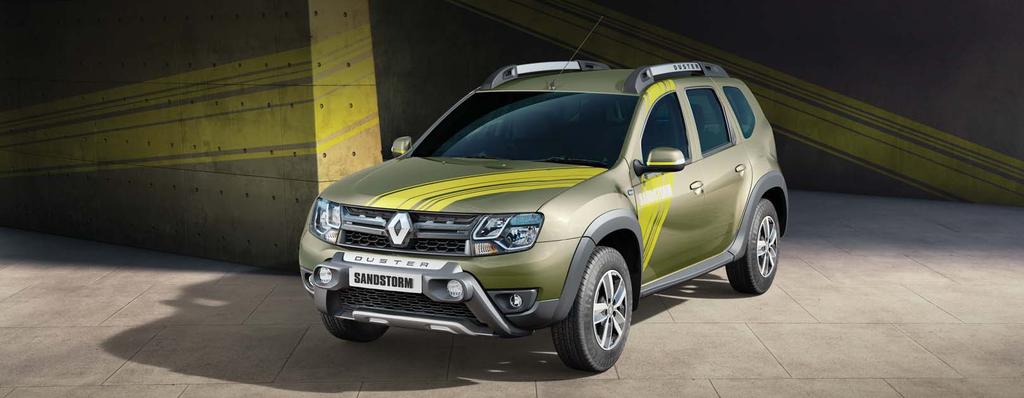 A powerful statement The new Renault DUSTER SANDSTORM EDITION is your license to go off the grid. Its robust exteriors and striking decals with bold graphics give it an imposing presence.