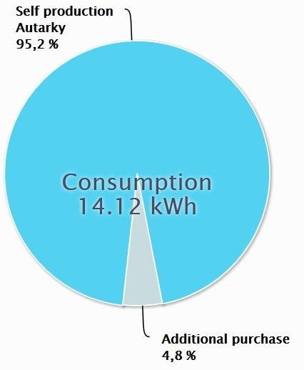 The dark yellow part represents selfconsumption. Self-consumption is the part of the generated power that has not been fedin, but has instead been stored temporarily in the battery or consumed.