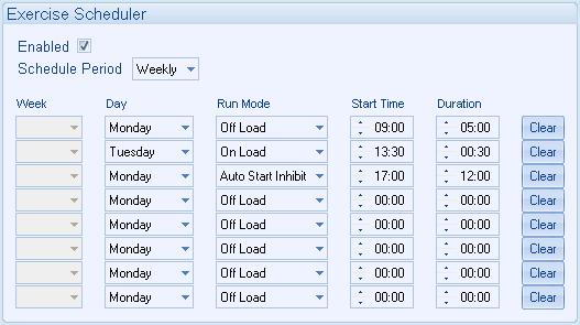 Operation 5.5 SCHEDULER The controller contains an inbuilt exercise run scheduler, capable of automatically starting and stopping the set or inhibiting the set from starting.