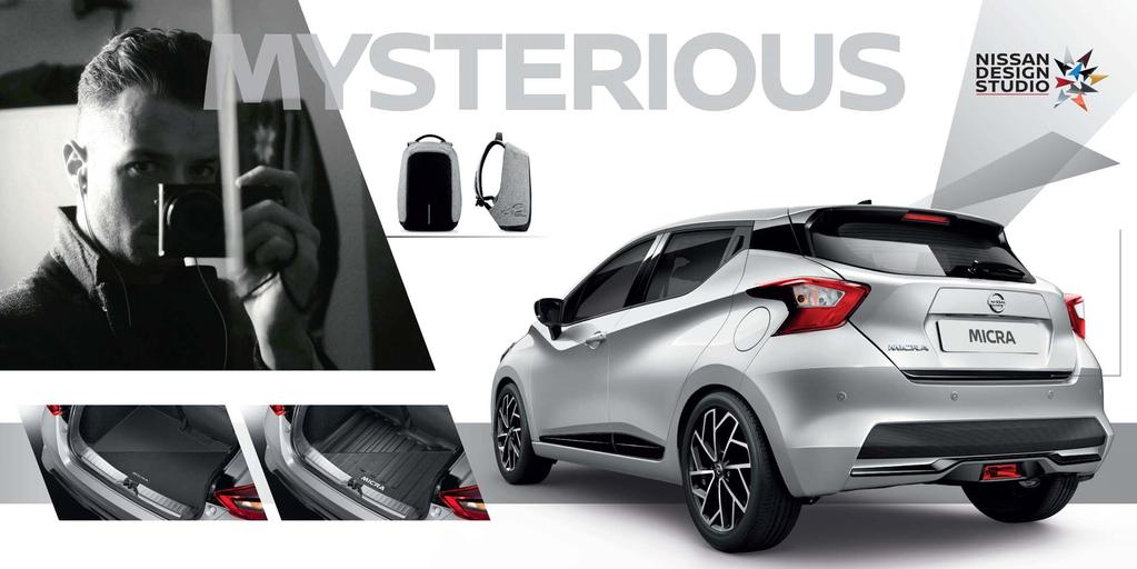 YSTERIOUS Opt for NEW MICRA in Platinum Silver with an Enigma Black exterior pack: as simple and sophisticated as a black & white shot. Add a custom-fitted trunk, an entry guard and protective mats.