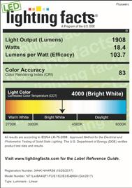 Light + Energy A - 500 lm + 5.00w/ft Description Version A40 4ft luminaire 100 Dn A Report 11596156.03 CCT 4000 K (lm) (W) (lm/w) (CRI) (R9) (SDCM) 4000 K 1908 18.4 103.7 82.7 6.1 < 2 3500 K 1860 18.