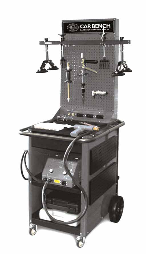 Car Bench STEEL COSMETIC REPAIR WITH SPOTTER MACHINE, a Dent Repair Weld Station. The system includes a portable welding cart, welder, and all accessories necessary for steel dent pulling.
