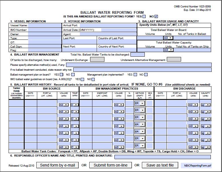 Appendix 1. Ballast Water Reporting Form for the National Ballast Information Clearinghouse for the period covered by this report.