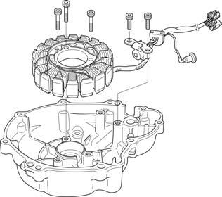 ALTERNATOR/STARTER CLUTCH The left crankcase cover (stator) is magnetically attracted to the flywheel, be careful during installation. Install the left crankcase cover and bolts.