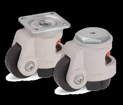 Series: HRP-POA, HRSP-POA, HRSP-GSPO Levelling castors with integrated truck lock, with top plate fitting, or bolt hole with inside thread, with nylon or heavy duty nylon wheel 180 2000 kg RoHS