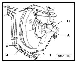 Hydraulic unit, brake booster/brake master cylinder, assembly overview Page 17 / 25 Insert into brake booster Connecting brake lines from tandem brake master cylinder to hydraulic unit On tandem