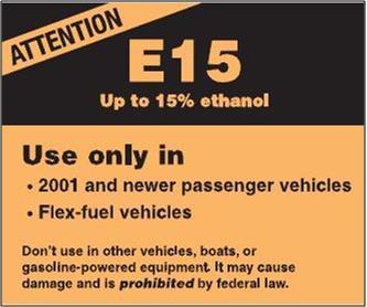 Ethanol E15 The Renewable Fuels Standard requires increasing the amount of Ethanol in Gasoline due to the way the legislation was written EPA approved up to 15 percent (E15) to be sold and used only