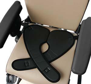To attach pelvic harness, place it on seat with wide ends towards back of seat and strap attachment points down.