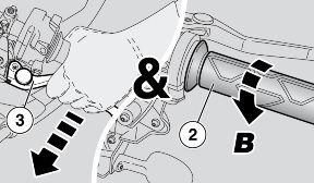 03_29 Slowly release the clutch lever (3) and at the same time accelerate by slightly twisting the throttle grip (2) (Pos. B). The vehicle starts moving forward.