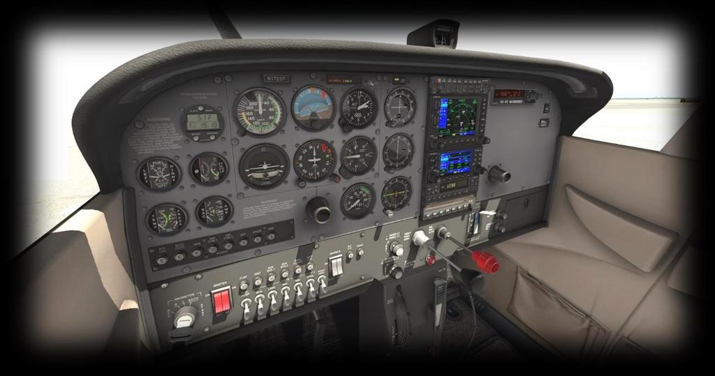 Views and Controls The X-Plane C172 features a detailed 3-D cockpit with a great many of the primary controls and systems modeled, including: Flight controls (yoke, rudder pedals, throttles, prop