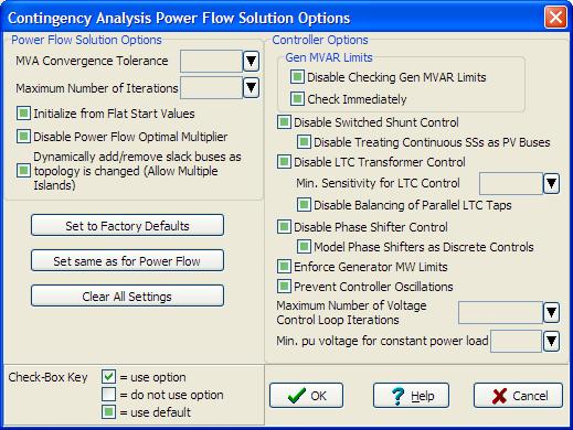 Contingency Analysis Power Flow Solution Options To Open this dialog click on Define Solution Options on the Contingency