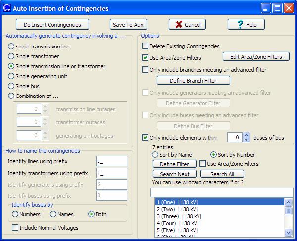 Auto-Insertion of Contingencies Dialog Choose types to include Select to include only elements in chosen areas Apply Advanced Filters for