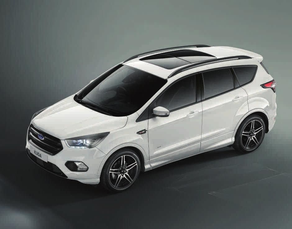 FORD KUGA Wheels Model shown is Kuga ST-Line in Frozen White solid body colour, with optional rear spoiler, panoramic roof and 19" alloy wheels.