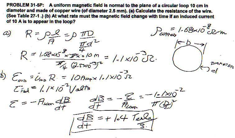 PROBLEM 121P11-5P: A uniform magnetic field is normal to the plane of a circular loop 10 cm in diameter and made of copper wire (of diameter 2.5 mm).