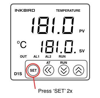 Step 6: Once 1805ºCC is set, press the SET button 2x to lock it in. INKBIRD TEMPERATURE o C 180.0PV 180.0.SV OUT AL1 AL2 RUN AT RUN D1S SET Decimal Selector DOWN and UP Temp Adjust INKBIRD TEMPERATURE o C 180.