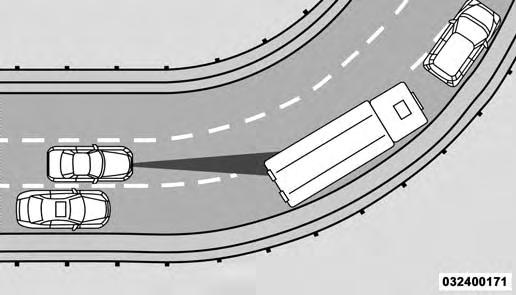Turns And Bends STARTING AND OPERATING 259 When driving on a curve with ACC engaged, the system may decrease the vehicle speed and acceleration for stability reasons, with no target vehicle