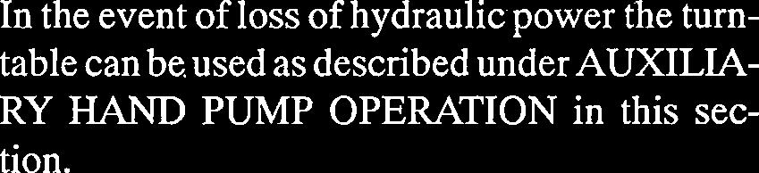 NOTE In the event of loss of hydrulic power the turntble cn be used s described under AUXILIA- RY HAND PUMP OPERATION in this section. 1.