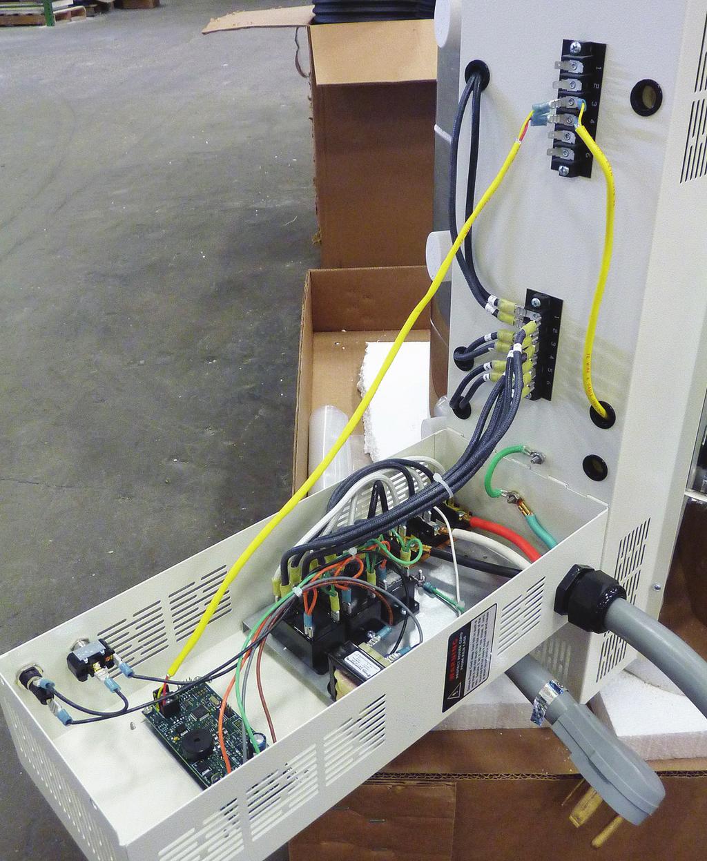 Photo of a 3-phase control panel for a three section School-Master kiln L-G-TRTC/EF Thermocouple Terminal Strip S-S-SCBX/03 Element Cover Box L-G-HETP/PR Power Element Lead Wires (Top Zone)