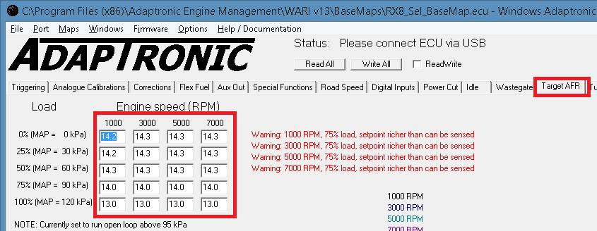 14 P a g e 8. Tuning For articles about general ECU setup and tuning, see http://adaptronic.com.au/articles Ensure that you set the target AFRs before you begin tuning.
