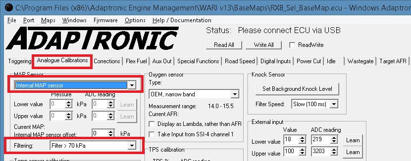 5 P a g e 3. Calibrate MAP Sensor When you re using the internal MAP sensor (in the ECU) 1. Turn the ignition key on (engine not running). 2. On WARI software, go to Analogue Calibrations. 3. Choose Internal MAP sensor from the dropdown list for the MAP sensor.