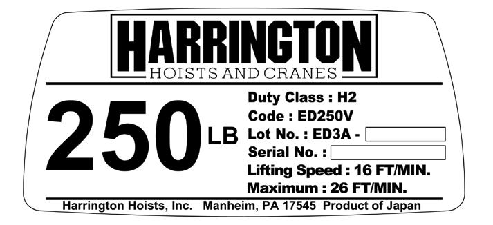 9.0 Parts List When ordering Parts, please provide the Hoist code number, lot number and serial number located on the Hoist nameplate (see fig. below). Reminder: Per sections 1.1 and 3.9.4 to aid in ordering Parts and Product Support, record the Hoist code number, lot number and serial number in the space provided on the cover of this manual.