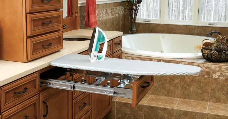 VIB SERIES PULLOUT IRONING BOARD Fits cabinet sides from 14-1/4" to 21" wide Expandable frame mounts easily in a vanity drawer Fixed brackets allow for easy mounting of all standard drawer fronts
