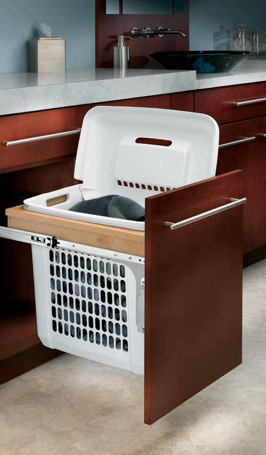 4VHTM SERIES TOP MOUNT WOOD HAMPER Designed for base 18 vanity cabinets Features pre-assembled door mounting brackets 100 lb. rated, 20" ball-bearing slides with 2" over travel Includes 1.