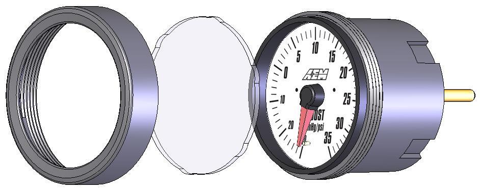 Changing the Bezel The AEM Water/Injection Flow Gauge comes with the black bezel installed. However, a silver bezel is also included in the gauge kit.