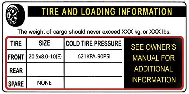 Tire and Loading Information Placard Figure 1-1 1. Locate the statement, The weight of cargo should never exceed XXX kg or XXX lbs., on your vehicle s placard. See figure 1-1. 2.
