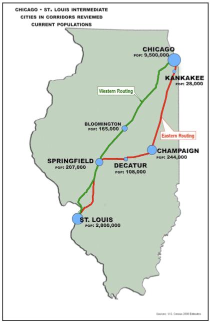 Appendix C: Supplemental Images, Graphs I. B. Figure 1: Map of proposed St. Louis-Chicago Route In this image, the emerging high speed line (i.e. the passenger rail line that would run on existing track at 110mph top speeds) is indicated in green by the Western Routing.
