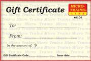 You can now purchase Micro-Trains Gift Certificates online at www.micro-trains.com.