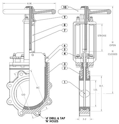 Series 80-TP Towniprene Lined Knife Gate Valves MATERIALS OF CONSTRUCTION MODEL 80 TP 1 GATE SS 2 BODY DI 3 SEAT 4 BOLTS 5 PACKING 6 GLAND 7 STEM 8 YOKE TOWNIPRENE SS TLSP* DI SS DI 9 STEM NUT BRONZE