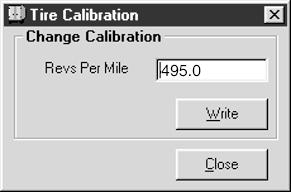 Tire Calibration Figure 2-3: Tire Calibration Screen The programmed number of tire Revs Per Mile is displayed on the Tire Calibration screen. The range is 150.0 to 634.0 revolutions per mile.