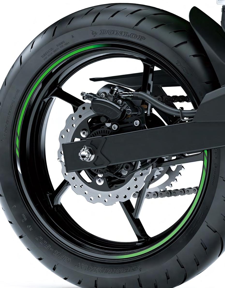Supersport-style chassis design has a short wheelbase and long swingarm complemented by a steep steering angle that provides light, nimble handling.