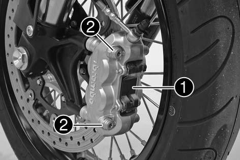 MAINTENANCE WORK ON CHASSIS AND ENGINE» 40 General information on KTM disk brakes BRAKE CALIPERS: The front brake calipers [1] have 4 brake pistons and are radially bolted to the fork legs.
