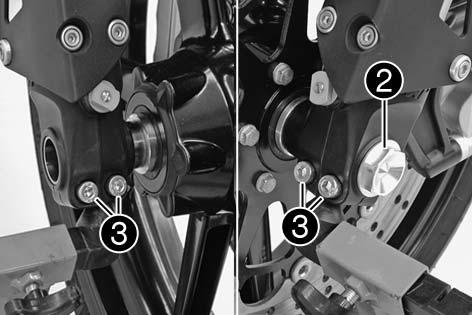 Remove the screws [1] from the brake caliper and carefully pull the brake caliper off the brake disk towards the rear Loosen the collar screw [2] and the clamping