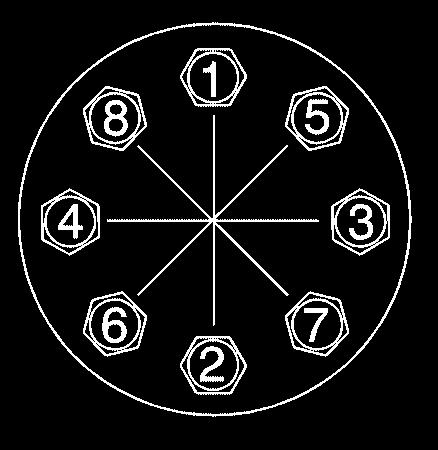 12. Tighten the nuts firmly in a crisscross sequence as shown by turning the ratchet clockwise, with the UP mark facing you. 13.